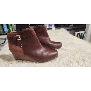 Dr Scholl's Wedge Bootie Brown Size US 11 W Ankle Boots Faux Leather Side Zipper